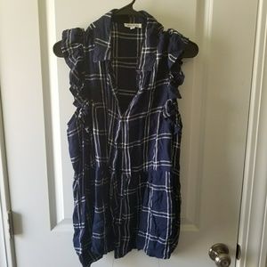 L DizzyLizzy blue plaid cold shoulder blouse, GUC